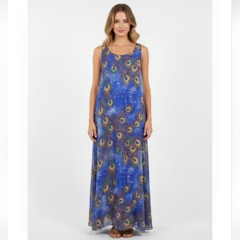 Wantdo Maxi Dress Blue Peacock Sleeveless Chiffon Shift Artsy 14 FLAW
